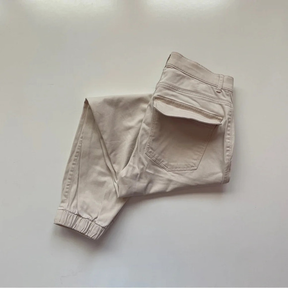 EXPRESS High Waisted Stretch Straight Cropped Cinched Hem Utility Pant in Beige - Picture 11 of 13